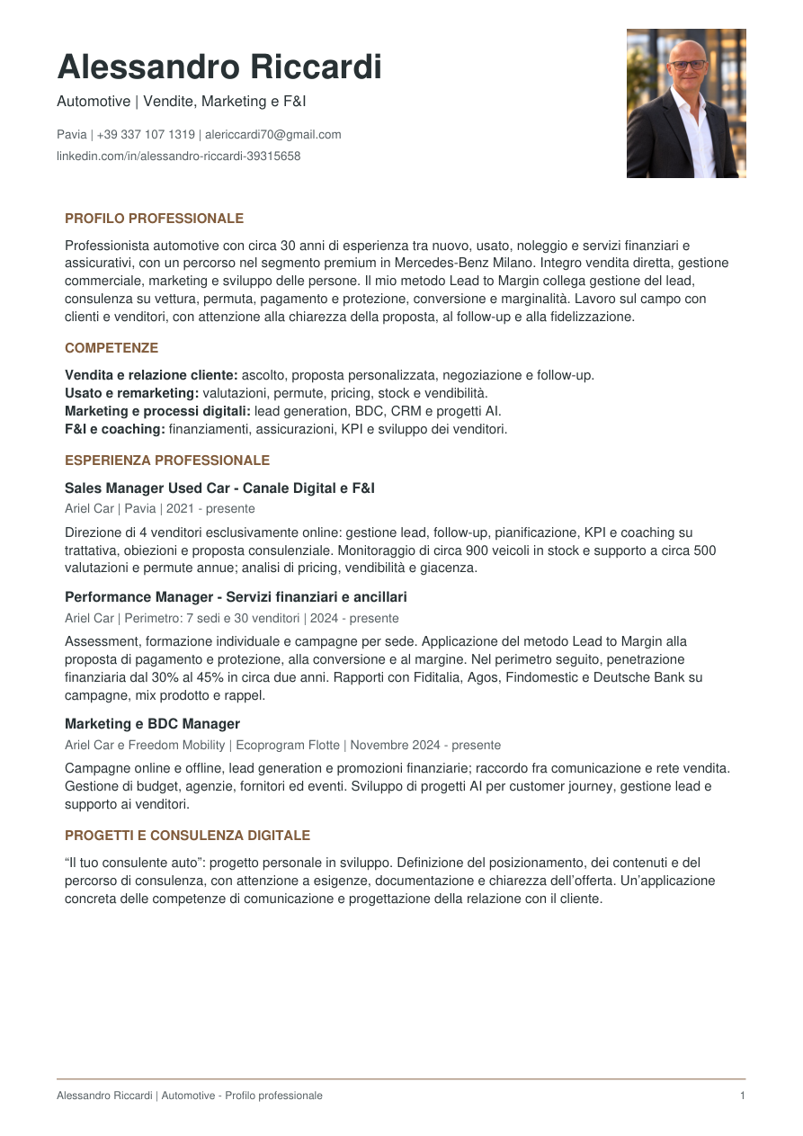 Anteprima del CV generale, pagina 1: profilo, competenze ed esperienze attuali