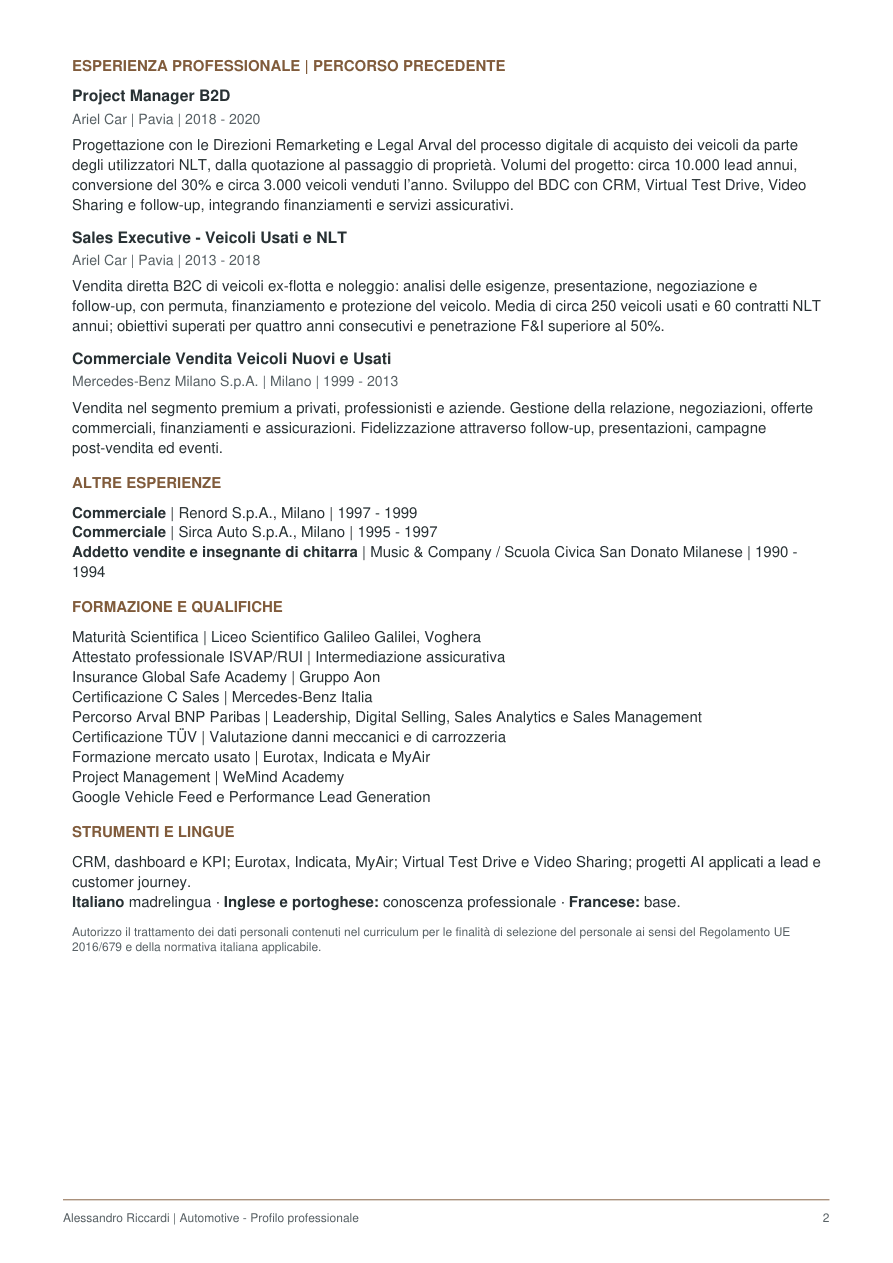 Anteprima del CV generale, pagina 2: percorso precedente, formazione, strumenti e lingue